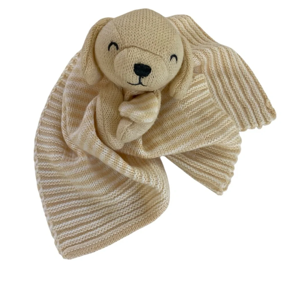 Carter’s Knit Puppy Dog 14” Lovey Blanket Yellow Beige White Stripes 2021‎ Knit